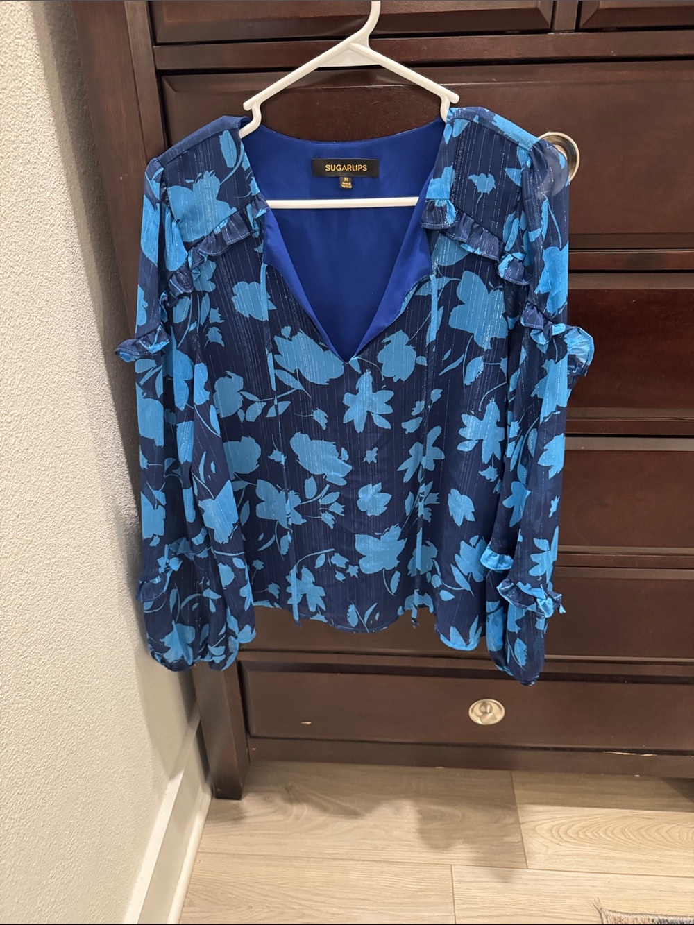 Sugarlips Navy & Bright Blue Floral V-Neck Ruffle Blouse
